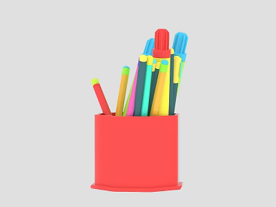 Colorful Assorted Pens in Red Pen Holder with Blue Yellow Green and Red Designs 3d model