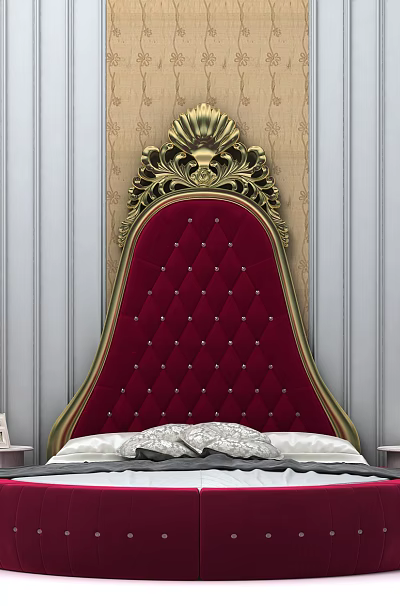 Luxurious Red Round Bed With Gold Accent Headboard Side Nightstands And Patterned Wall 3d model