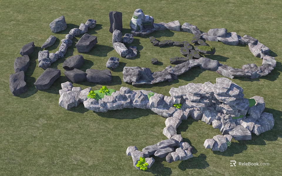 Natural Stones and Wood Arrangement on Green Grass with Small Plants 3d model 