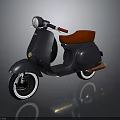 Vintage Black Scooter Motorcycle With Brown Seat Round Headlight And White Rim Wheels