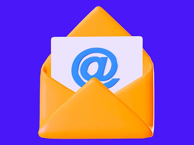 Orange Envelope Featuring White Card With Blue At Symbol On Purple Background 3d model