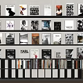 Books and Magazines with Colorful and Black White Covers Neatly Arranged on Modern Bookshelves