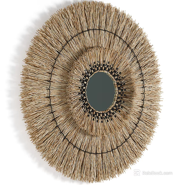 Natural Circular Straw Wall Decor With Central Mirror And Handwoven Texture 3d model 