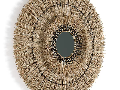 Natural Circular Straw Wall Decor With Central Mirror And Handwoven Texture 3d model
