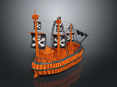 Vintage Pirate Ship As Water Transport With Orange Hull Black Skull Flags And Wooden Deck 3d model