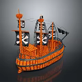 Vintage Pirate Ship As Water Transport With Orange Hull Black Skull Flags And Wooden Deck