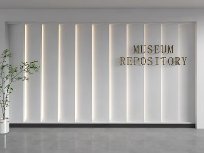 Modern White Vertical Panel Background Wall With Gold Museum Repository Lettering And Side Potted Plant 3d model