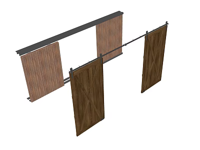 Wooden Barn Doors With X Shaped Panels And Slab Designs On Metal Track 3d model