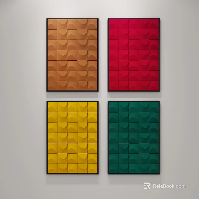 Black Framed Wall Art With Brown Red Yellow Green Geometric Semi Circle Patterns 3d model