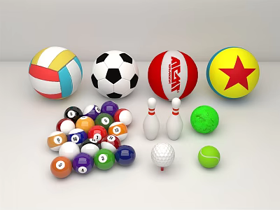 Assorted Sports Equipment Including Volleyball Soccer Ball Billiard Balls Bowling Pins Golf And Tennis Balls 3d model