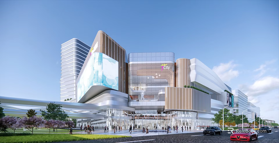 Modern Urban Commercial Street With Glass Facades LED Screens Pedestrians Greenery And Vehicles 3d model 
