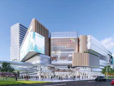 Modern Urban Commercial Street With Glass Facades LED Screens Pedestrians Greenery And Vehicles 3d model