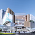 Modern Urban Commercial Street With Glass Facades LED Screens Pedestrians Greenery And Vehicles