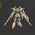 Detailed Colorful Mecha Robot Model Standing With Blue Yellow Red Wings And Swords On Reflective Surface