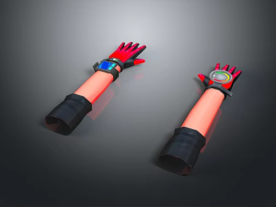 Game and Movie Character With Red Black Mechanical Gloves And Blue Yellow Glowing Pink Arms 3d model