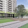 Pergola in Modern High Rise Apartment Area With Trees Lawn Wooden Deck and White Chairs