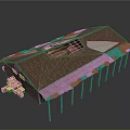 Architectural Building Model With Sloped Brown Tile Roof And Supporting Poles