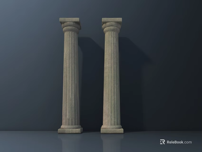 Two Fluted Stone Roman Columns On Dark Background With Shiny Floor 3d model 