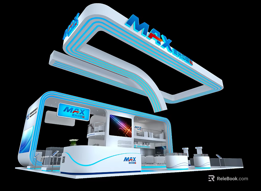 MAX Brand Modern Exhibition Booth with Blue White Curved Structure Display Screen and Product 3d model 