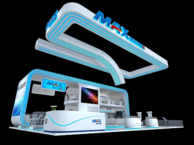 MAX Brand Modern Exhibition Booth with Blue White Curved Structure Display Screen and Product 3d model