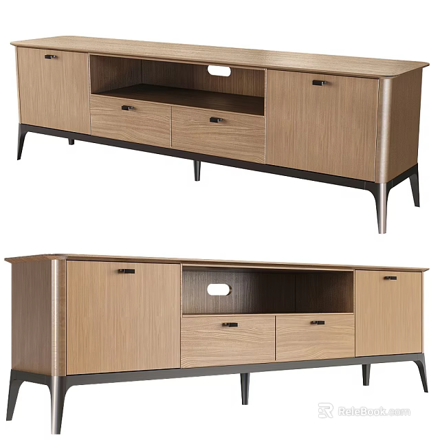 Modern Wooden TV Stand With Drawers Cabinets Open Shelf And Metal Legs 3d model 