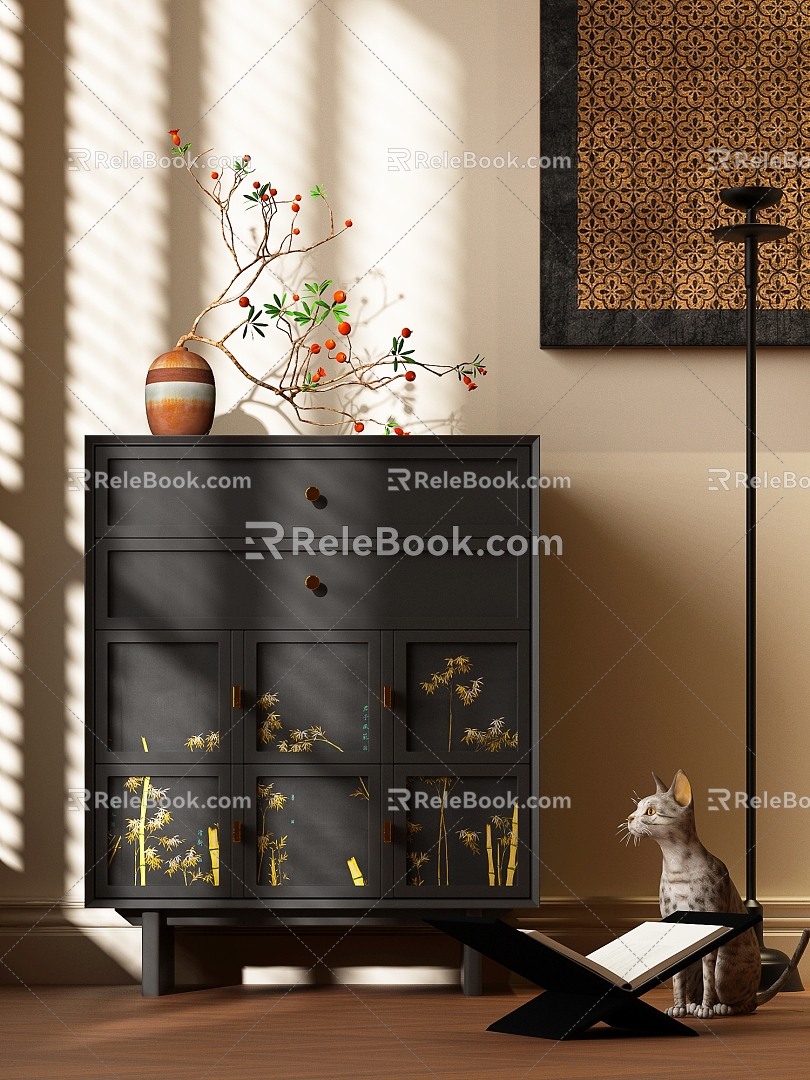 Chinese-style Side Cabinet Bucket Cabinet Decorative Cabinet Entrance Cabinet Potted Plant 3d model