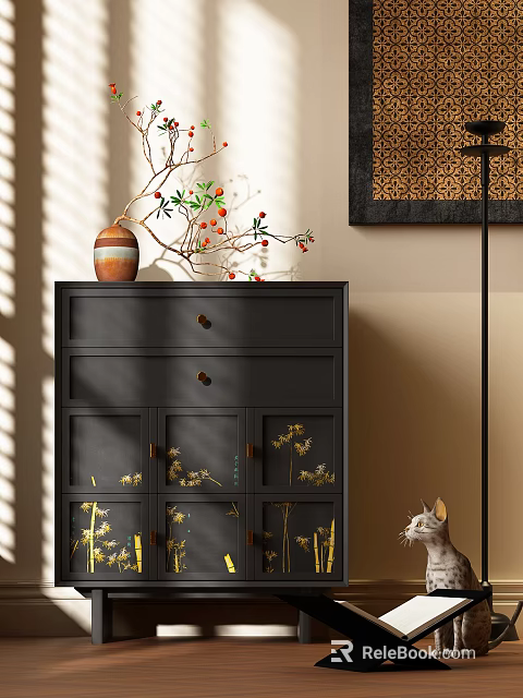 Sunlit Black Hallway Cabinet Sideboard With Gold Floral Patterns Vase Red Berry Branches And Cat 3d model 