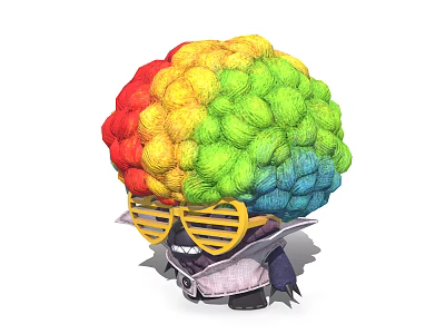 Cute Cartoon Game Character With Colorful Yarn Ball Head Yellow Sunglasses And Dark Coat 3d model