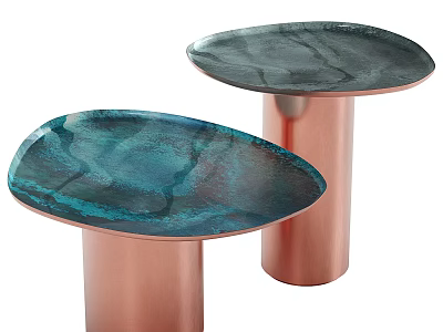 Stylish Two Coffee Tables With Teal Dark Green Veined Tops And Copper Cylindrical Bases 3d model