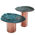 Stylish Two Coffee Tables With Teal Dark Green Veined Tops And Copper Cylindrical Bases