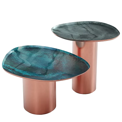 Stylish Two Coffee Tables With Teal Dark Green Veined Tops And Copper Cylindrical Bases 3d model
