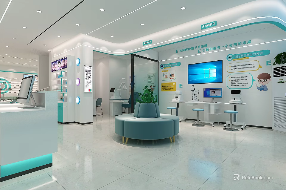 Modern Shopping Mall Store Interior With Reception Desk Round Sofa Digital Screens And Information Boards 3d model 