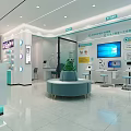 Modern Shopping Mall Store Interior With Reception Desk Round Sofa Digital Screens And Information Boards