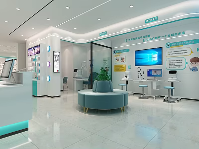 Modern Shopping Mall Store Interior With Reception Desk Round Sofa Digital Screens And Information Boards 3d model