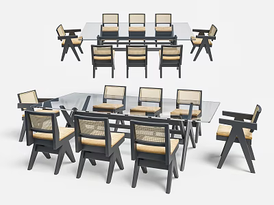 Modern Dining Table Set With Glass Top And Eight Wooden Beige Seats 3d model