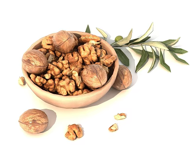 Fresh Walnuts in Wooden Bowl with Whole Nuts Kernel Pieces and Olive Leaves 3d model