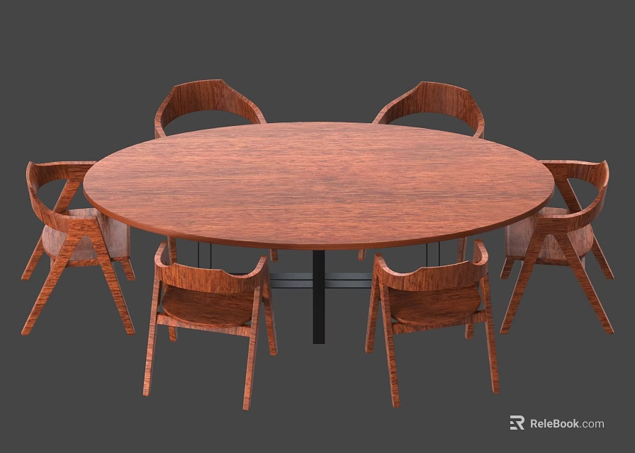 Simple Round Wooden Dining Table With Six Matching Chairs Set 3d model 