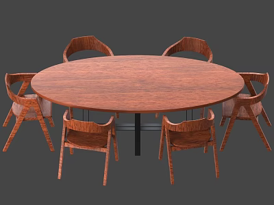 Simple Round Wooden Dining Table With Six Matching Chairs Set 3d model