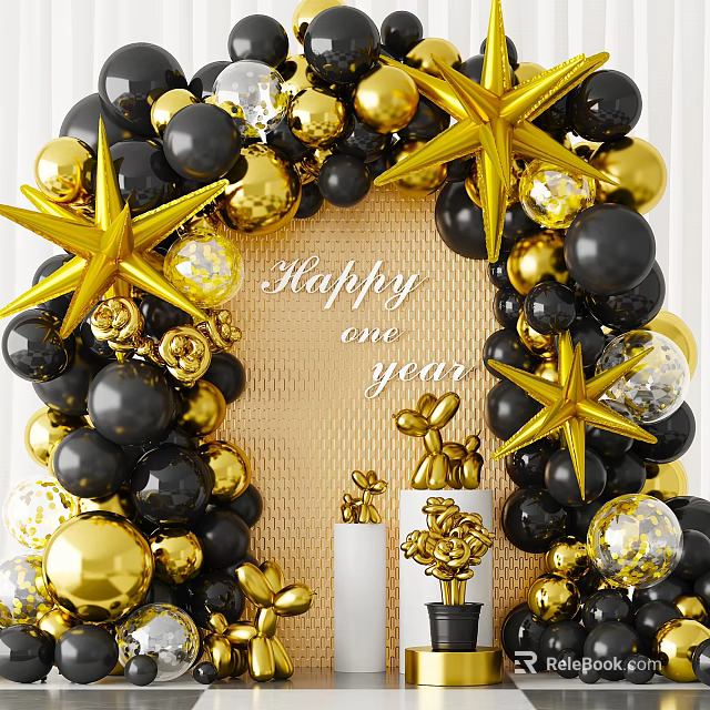 Decorative Ornament Combination with Gold Black Balloons Star Shapes and Happy One Year Decorations 3d model 