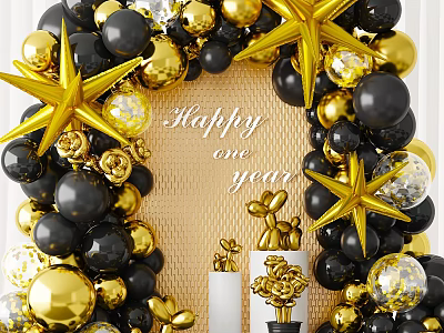 Decorative Ornament Combination with Gold Black Balloons Star Shapes and Happy One Year Decorations 3d model