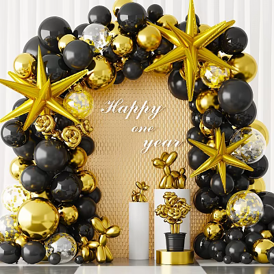 Decorative Ornament Combination with Gold Black Balloons Star Shapes and Happy One Year Decorations 3d model