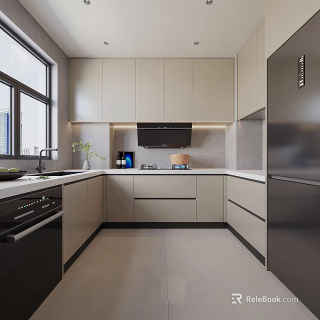 Modern Kitchen Interior Featuring Light Cabinets Stainless Steel Appliances And Window View 3d model