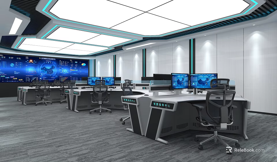 Modern Monitoring Room Interior With Multiple Control Desks And Digital Screens 3d model 