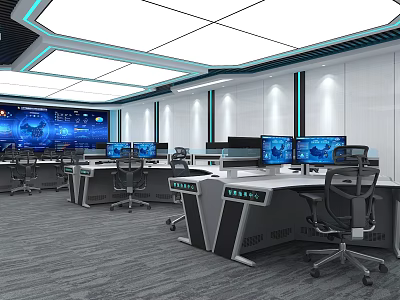 Modern Monitoring Room Interior With Multiple Control Desks And Digital Screens 3d model