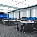 Modern Monitoring Room Interior With Multiple Control Desks And Digital Screens