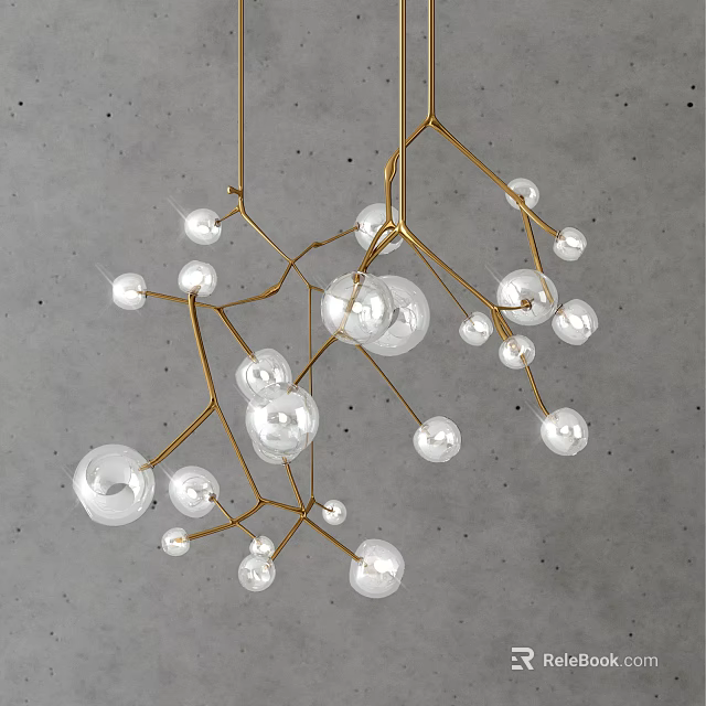 Modern Minimalist Chandelier with Golden Metal Branches and Transparent Glass Balls Against Grey Textured Wall 3d model 