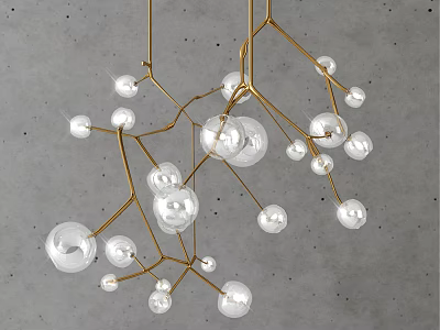 Modern Minimalist Chandelier with Golden Metal Branches and Transparent Glass Balls Against Grey Textured Wall 3d model