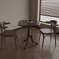 Hexagonal Wooden Table With Two Armchairs In Room With Wooden Floor And Window Blinds