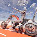 Custom Chopper Motorcycle With Long Forks Helmeted Rider On Orange Track White Lines Blue Sky