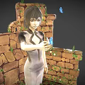 Female Character In White Dress Standing By Stone Walls With Plants And Butterfly